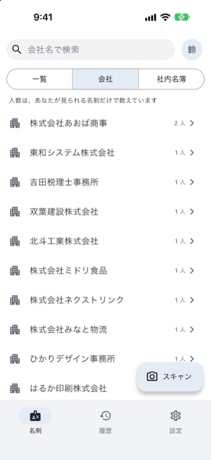 会社でまとめた表示の画面